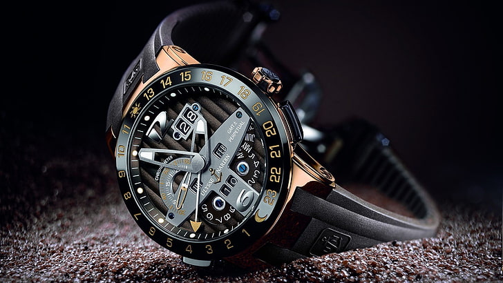 The rose gold case and alligator strap at three-quarter profile, crystal separated from the bezel.